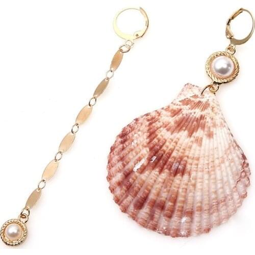 Big Pink Shell With Pearl Earrings Exquisite Womans Asymmetry Earring Charms Gift To Girlfriend Unusual Retro Jewelry Wedding