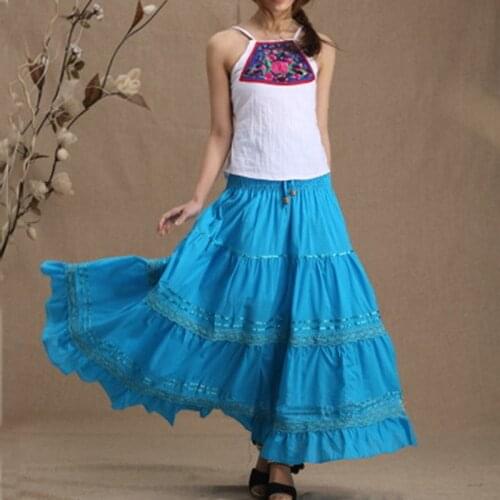 2019 Summer Casual Gypsy Bohemia BOHO 100% Cotton Spani Female Pleated Long Maxi Skirts for Womens