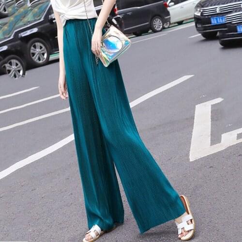 Draping Pleated Chiffon Wide-leg Pants Womens Summer High Waist Loose Thin All-match Holiday Leisure Straight Mopping Trousers