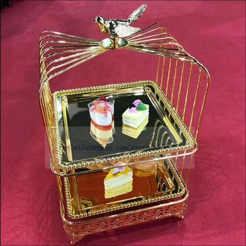 European double-layer square golden hollow bird cage snack stand multi-layer cake stand tea break dessert rack