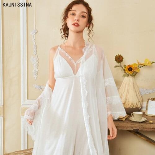 Robe Nightgown Sleepwear Sets Female Bathrobe Cotton Lace Robes with Autumn Nightdress White Pink Sexy Two Piece Suit Homewear