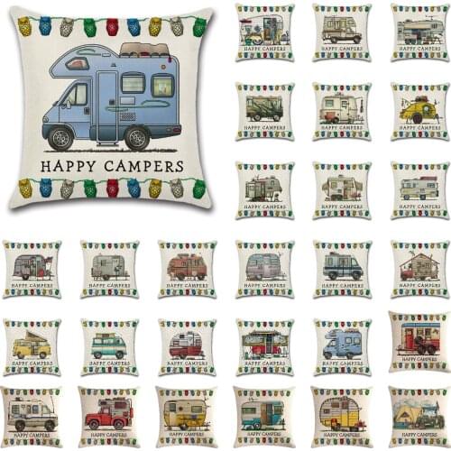 New Happy Campers Cartoon Caravanning Cushion Cover Hot Linen Pillowcase Livingroom Sofa Modern Decorative Throw Pillows Cover
