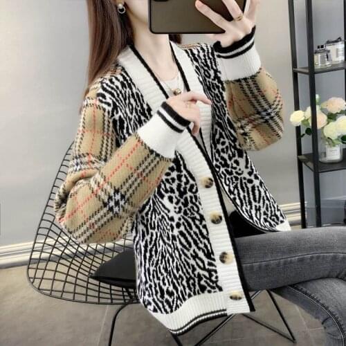 Knitted Cardigan Women Sweaters Loose Sweater Coats Autumn Cardigan Leopard Stitching V-neck Sweater Plus Size Womens Jumper