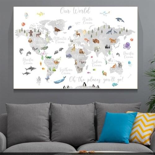 Cartoon Animal World Map Canvas Painting Posters and Prints Quadros Wall Art Picture for Kids Room Home Decoration Cuadros
