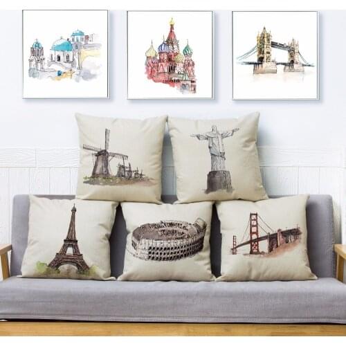 Classic Sketch Building Cristo Redentor Print Throw Pillow Cover 45*45 Cushion Covers Linen Pillow Case Home Decor Pillows Cases
