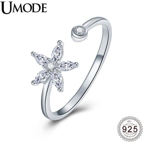 UMODE New 925 Sterling Silver Flower Open Cuff Rings for Women Marquise Cut Zircon Adjustable Silver 925 Jewelry ALR0748