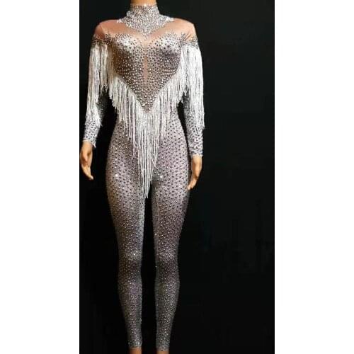 Silver Rhinestones Nude Stretch Jumpsuit Sexy Fringes Dance Bodysuit Performance Party Celebrate Stage Show Costume Wear DWY2945