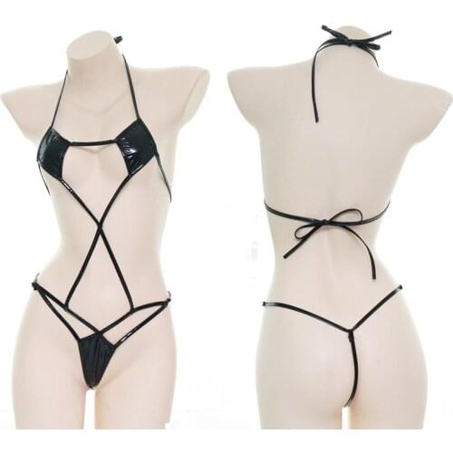 Black Sexy Womens Patent Leather Bandage Underwear Sets Lingerie Japnaese Lolita Solid Color Bodysuit Underwear Suit Cosplay