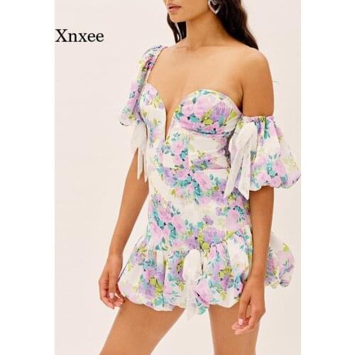 Sweet Floral Print Mini Dress Asymmetric Puff Sleeve Women Summer Sexy Party Dresses Elegant Ladies Short Chic Robe Outfits