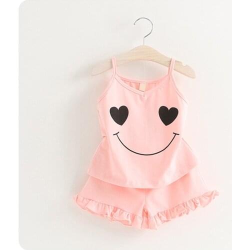 Cool Refreshing Summer Suit 2016 Tide Childrens Garment Love Smiling Face Camisole Jacket Lace Shorts You 2 Pieces Suit