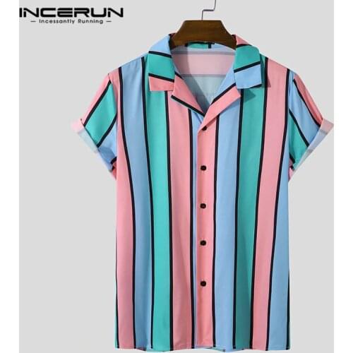 2021 Men Striped Shirt Beach Colorful Streetwear Short Sleeve Lapel Casual Hawaiian Shirts Camisa Masculina Breathable INCERUN