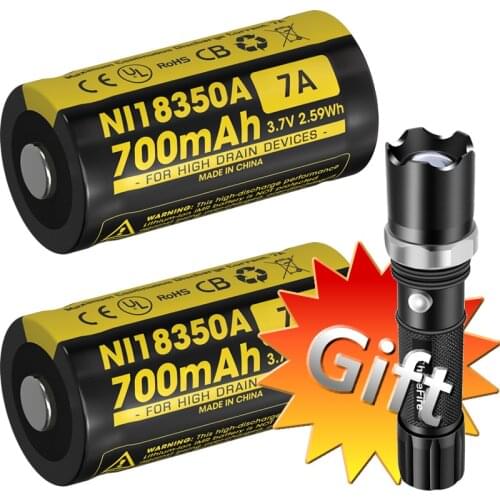 Wholesale NITECORE 2 Pieces IMR18350 Rechargeable Li-ion Battery + Gift Flashlight 700mAh RCR123A 16340 High Drain Devices torch