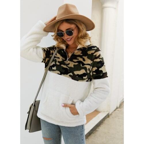 Autumn winter long sleeve sweater leopard stitched top print daily Warm Plush sweatshirt women pockets pullovers sweatshirt