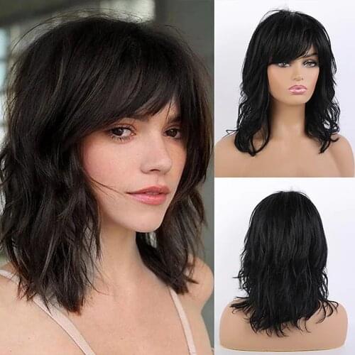 Remy Human Hair Blend Wig Long Curly Layered Haircut Side Part With Bangs Black Women Natural Hairline Bob Wig with Bangs