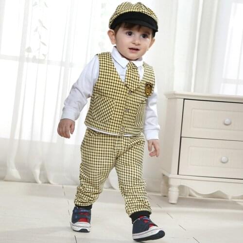Newborn Baby Products Boy Wedding Dress with Hat Boys Plaid Clothing Set Gentleman Suits Designs for Wedding Boy 3 Pcs Suit