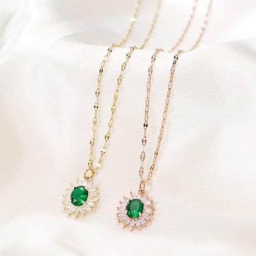 Korean Style Romantic Green Crystal Zircon Pendant Women Necklace Exquisite Elegant No Fade Stainless Steel Ladies Neck Jewelry