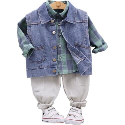 Spring Autumn Fashion Kids Cotton Clothes Baby Boy Girls Plaid Shirts Denim Vest Pants 3Pcs/sets Out Children Toddler Tracksuits