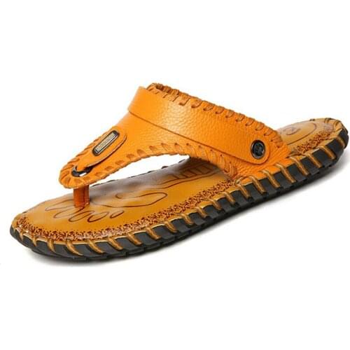 Summer Casual Beach Slippers Mens Genuine Leather Flat Flip Flops Mens Slides T-Strap Open Toe Men Fashion Outdoor Shoes