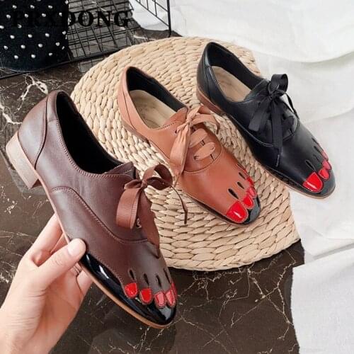 Brand Genuine Leather Women Pumps New Fashion Spring Autumn Lace Up Shallow Low Heels Shoes Woman Dress Party Casual Shoes 34-39