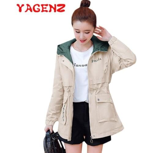 YAGENZ Spring Autumn Plus velvet Thick Trench Coat Women Korean Casual Short Coats Fashion Hooded Windbreaker Coat Outerwear 620