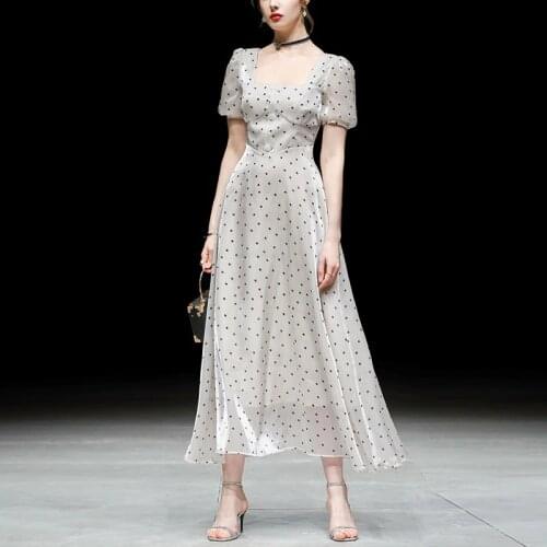 LLZACOOSH Elegant Designer 2021 Summer Womens Square Collar Puff Sleeve Dot Hight Waist Slim Party A Line Long Dress