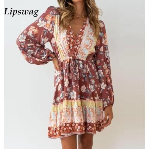 Sexy V Neck Puff Sleeve Button Dress Casual Bohemia Print Women Mini Dress Autumn Belt Drawstring Elegant Design Dress Robe