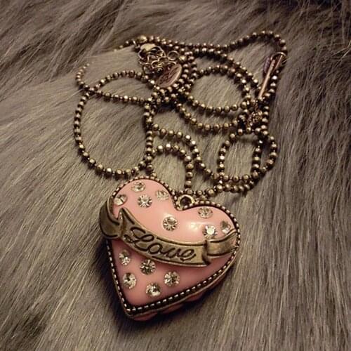 High quality gold color bohemia retro fashion Pink Heart shape big cute Pendant Necklace can open female long sweater chain gift