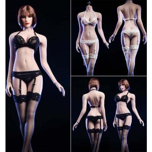 1/6 Sexy Girl Figure Clothing Black/White Lace Sling Stockings Tights Clothes Set For 12'' TBLeague large bust Seamless Body