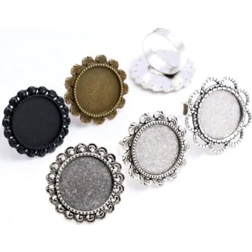 18mm 6pcs Black And Antique Silver Plated Brass Adjustable Ring Settings Blank/Base,Fit 18mm Glass Cabochons,Buttons;Ring Bezels