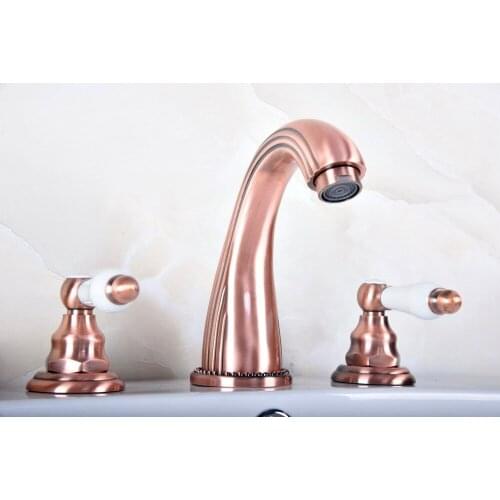 Antique Red Copper Double Ceramic Handle Deck-Mount Three Hole Widespread Bathroom Bathtub Basin Faucet Sink Mixer Tap drg081
