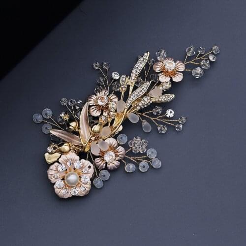 Elegant Mori Crystal Pearl Side Clip Vintage Court Style Golden Flower Hair Clip Bride wedding hair Jewelry