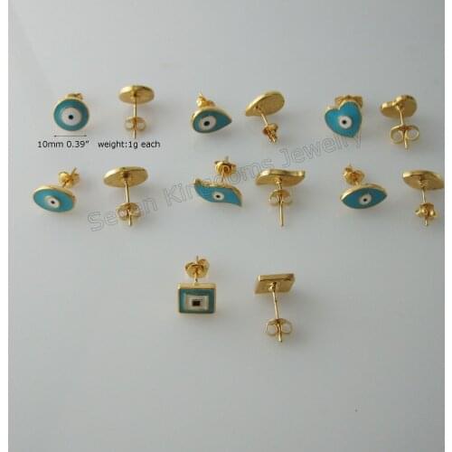 FOROMANCE/ 4 DESIGNS AVAILABLE EVIL EYE FACE SIZE AROUND 0.39" - YELLOW GOLD GP OVERLAY STUD GREEN ENAMEL EARRING