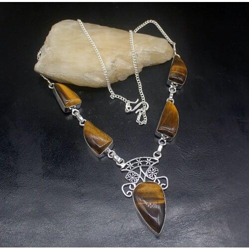 Gemstonefactory Jewelry Big Promotion 925 Silver Gold Tigers Eye Gemstone Ladies Women Chain Necklace 46cm 20213544