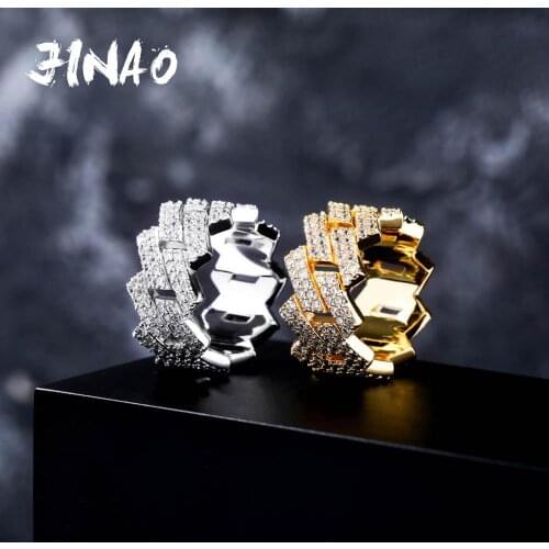 JINAO Men trendy Zirconia Rings Color Top Quality Bling Bling Ice Out CZ Hip Hop Punk Ring Cuban Link Chain