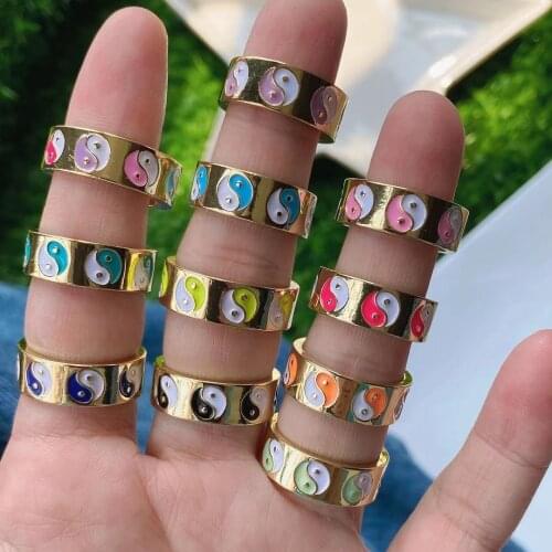 10Pcs 2021 Hot Trendy Multicolor Enamel Opening Finger Ring Yin yang Tai Chi Colorful Rings for Women Fashion Jewelry