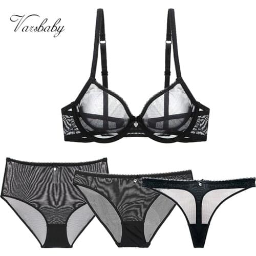 Varsbaby Sexy Transparent Underwear Set 4pcs Bras+Panties+Thongs+High Waist Briefs For Women