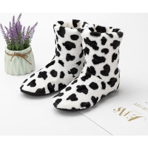 Leopard-Print Floor Boots Warm Padded Velvet Indoor Shoes Non-Slip Female Boots