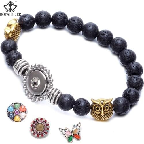 RoyalBeier Trendy Jewelry Natural Stone Bracelets With Match 18/12mm Snap Volcanic Stone Beads Owl Bracelets For Women Gift