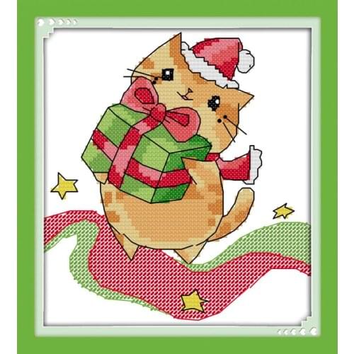 Christmas Kitten Pattern Cross Stitch Set DMC 11CT Canvas Print 14CT Cross Stitch Kit DIY Christmas Gift Home Wedding Decoration