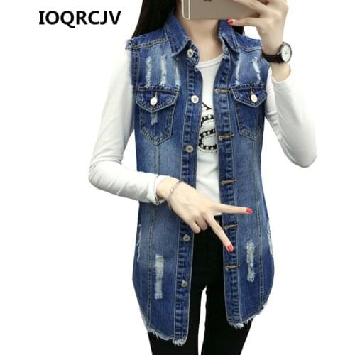 Autumn Denim Jacket Elegant Sleeveless Hole Denim Coat Female Single-breasted Medium-long Cowboy Slim Women Basic Coats 410