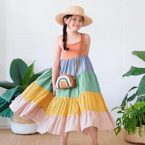 2-6years Baby Girl Suspender Dress Rainbow Pattern Fold Decoration Summer Princess Kawaii Girl Dress Bimba 2021 Roupa Infanil