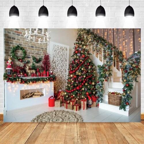 Merry Christmas Backdrop Fireplace Tree Room Stairs Interior Baby Photography Background Vinyl Photophone Photocall Photo Studio
