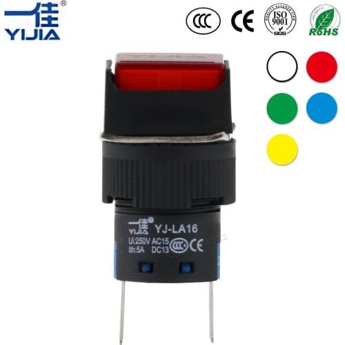 LED Lamp 16mm Indicator Panel Mount two pins signal lamp illuminated pilot light Red/Green/Yellow/Blue/White square LA16-D/F