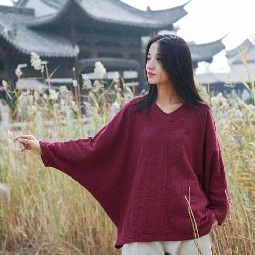 Women Summer Autumn Solid Color Vintage Cotton Linen Tees Tops T-shirt Female Plus Size Bat Sleeve T Shirt Female Oversized Tops