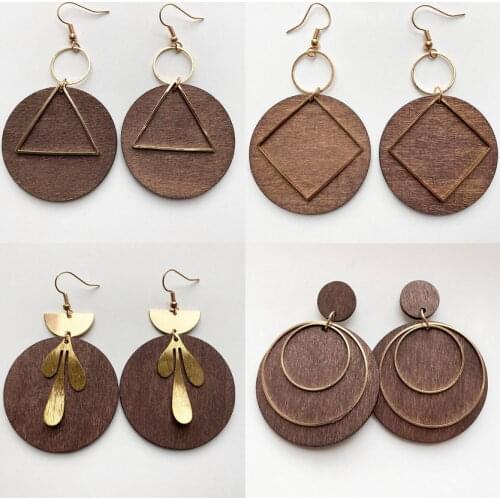 Free Shipping Geometric Metal Circle Triangle Embellished Natural Wood Disc Drop Earrings for Women Fashion Jewelry Wholesale