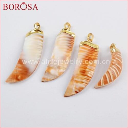 BOROSA 10PCS New! Gold Color Natural Shell Horn Pendant Jewelry, Natural Color Shell Pendant beads for Necklace Jewelry G1608