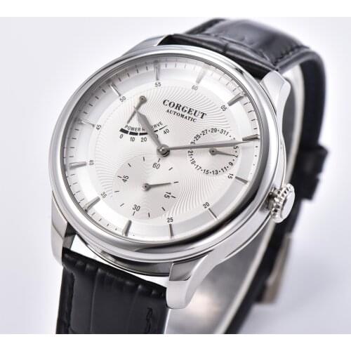 CORGEUT Top Brand Mens Watch Stainless Steel Power Reserve Watch Leather Automatic Mechanical Luminous Waterproof Wristwatches
