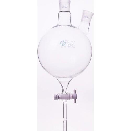 Two-necked flask oblique shape,With PTFE switch valve,Capacity 2000ml,Middle joint 29/32,Lateral joint 29/32,Separatory funnel
