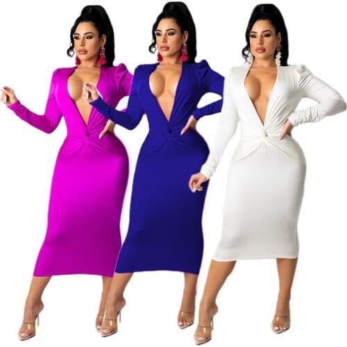 Elegant Solid Bodycon Long Women Dress Sexy Twist Deep V Neck Long Sleeve Slim Clubwear Party Dress Streetwear Robe Lounge New