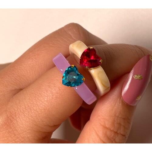 Flatfoosie New Fashion Love Heart Rhinestone Rings For Women Multicolor Acrylic Resin Round Rings 2021 Statement Jewelry Gift